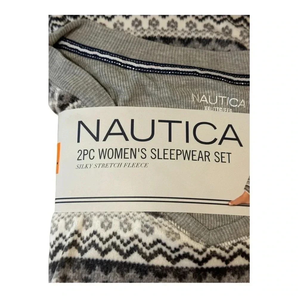 Nautica Pajama‎ PJ Set Women's size XXL 2 Piece Fleece Sleepwear V-Neck Top Gray